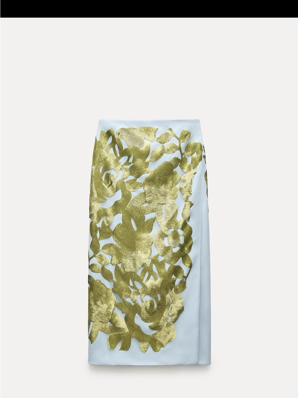 Zara Light Blue Midi Skirt with Gold Floral Appliqué